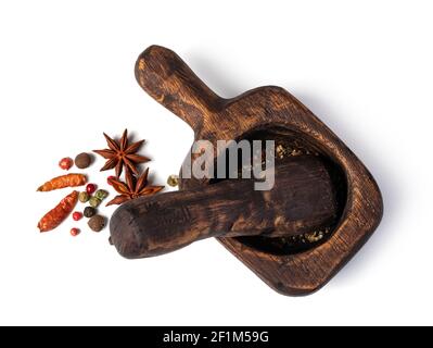 Mortar And Pestle With Pepper And Spices Stock Photo