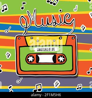 Colorful retro cassette tape, soundtrack of life text quote illustration for music concept. Vintage audio equipment hand drawn cartoon with sound note Stock Vector