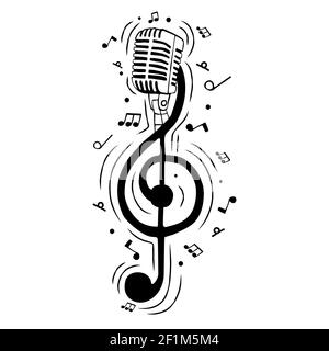 Music treble clef note as microphone illustration for musical event or singing concept. Hand drawn cartoon on isolated background. Stock Vector