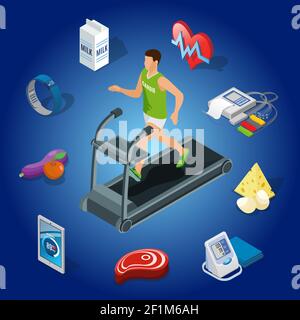 Isometric healthy lifestyle concept with man running on treadmill organic food medical diagnostic equipment modern devices isolated vector illustratio Stock Vector