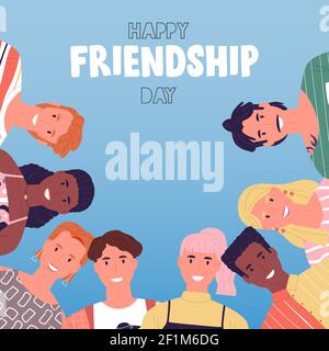 Happy friendship day greeting card, smiling young people group in circle hug together, smiling friend team of diverse cartoon characters. Stock Vector