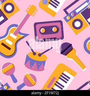 Music instrument seamless pattern illustration, colorful musical equipment background design with retro cassette, guitar, piano keyboard and more. Stock Vector
