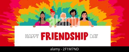 Happy Friendship day banner illustration of diverse young friends holding friend event message together on colorful tie dye background. Stock Vector