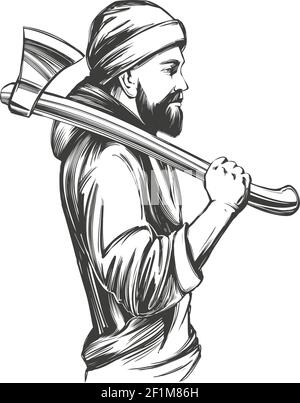 Illustration of lumberjack axe in engraving style. Design element for ...