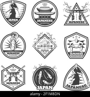 Vintage japanese culture labels set with samurai woman sumo player and traditional national elements isolated vector illustration Stock Vector