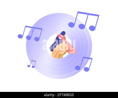 Woman listening to music inside vinyl record icon with headphones. Musical or audio technology concept on isolated white background. Stock Vector