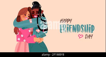 Happy friendship day greeting card of young women friends hugging, hand drawn character love concept for friend holiday. Stock Vector