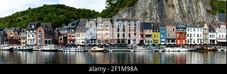 Panorama view of the small town of Dinant on the Maas river with the historic river front