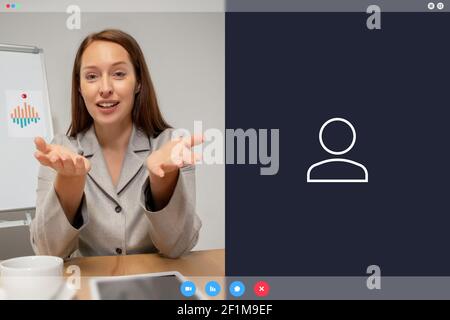 Kindly, contented. Young woman working in videoconference with co-workers at office or living room. Online business, education during quarantine. Work, finance, tech concept. PC screen interface. Stock Photo