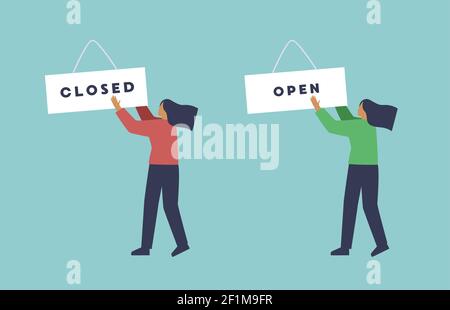 Woman hanging closed and open business shop sign on isolated background. Cartoon girl character opening, closing store service. Stock Vector