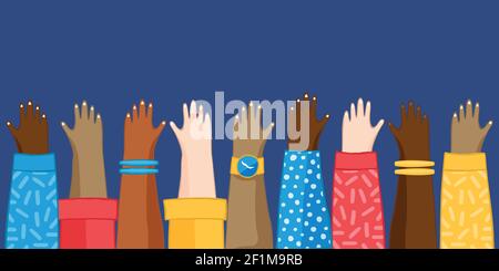 Diverse young people hands raised on isolated background. Colorful teen group with arms up for social event or community concept. Stock Vector