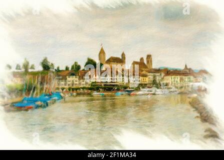 Cityscape of Rapperswil on Lake Zurich in Switzerland as a digital art oil painting. Stock Photo