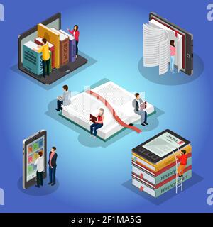 Isometric books reading composition with people and educational literature ebook reader electronic library on phone laptop isolated vector illustratio Stock Vector