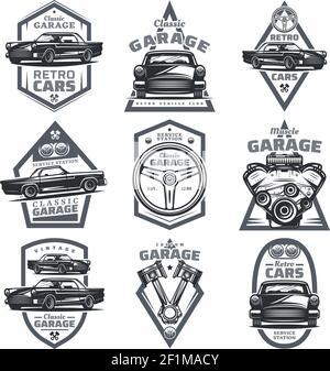 Retro vehicle club emblems set with classic automobiles steering wheel motor engine pistons in vintage style isolated vector illustration Stock Vector