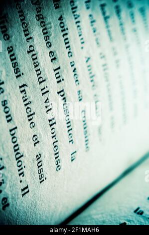 close up detail of a book in French Stock Photo