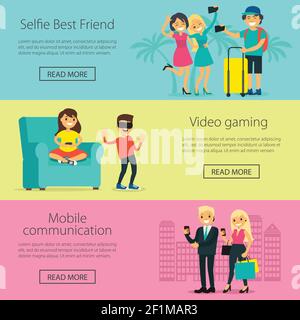 Modern electronic technology horizontal banners with people using portable gadgets and devices in different situations vector illustration Stock Vector