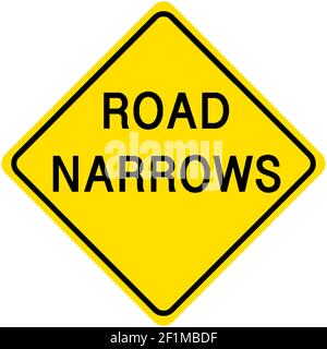 Road Narrows yellow sign on white background illustration Stock Vector