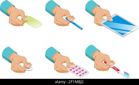 Isometric male hands hold set of card pen tablet coin pills and toothbrush isolated vector illustration Stock Vector