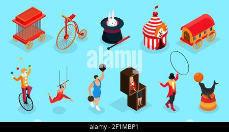 Isometric circus elements collection with cage bicycle trained animals tricks marquee trailer clown acrobat trainer illusionist isolated vector illust Stock Vector