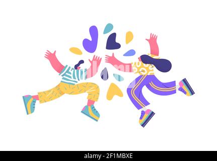 Man and woman friends doing high five hand gesture together. Colorful flat cartoon character illustration on isolated white background for work succes Stock Vector