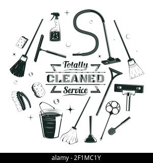 Sketch cleaning service elements round concept with housekeeping equipment and tools in vintage style isolated vector illustration Stock Vector