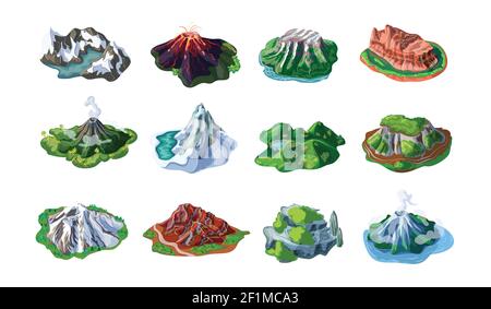 Nature mountain landscapes set with mounts volcanoes hills cliffs rocks peaks of different relief isolated vector illustration Stock Vector