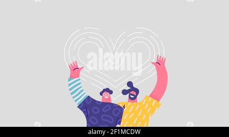 Two happy men hugging together and smiling with heart shape love symbol. Isolated friend cartoon character illustration for best friends relationship, Stock Vector