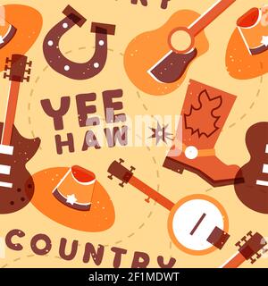 Country music seamless pattern illustration, colorful musical icon background design with guitar, cowboy hat, boots, banjo and more. Stock Vector