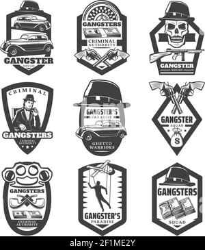 Vintage mafia emblems set with gangster classic cars revolvers gun hat skull money puppet roulette smoking pipes knuckle isolated vector illustration Stock Vector