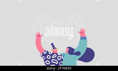 Two happy women hugging together and smiling with heart shape love symbol. Isolated friend cartoon character illustration for best friends relationshi Stock Vector