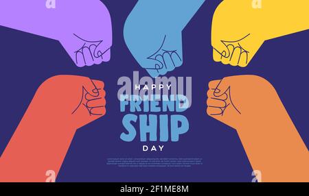 Happy friendship day web template illustration of colorful diverse friend group doing fist bump hand gesture for relationship celebration event. Stock Vector