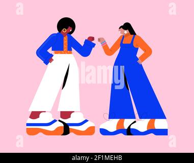 Happy girls doing fist bump hand gesture for special best friend greeting concept. Modern flat cartoon style illustration of bff woman characters on i Stock Vector
