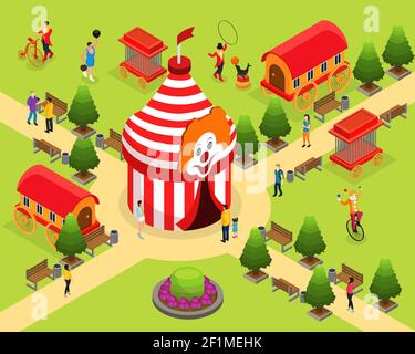 Isometric carnival circus template with tent strongman trainer juggling clown visitors animal cages artist trailers vector illustration Stock Vector