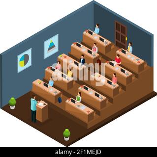Isometric university education concept with professor giving lecture to students in auditorium isolated vector illustration Stock Vector