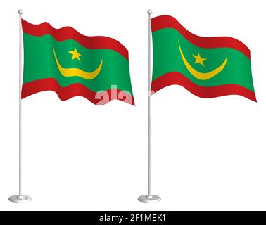 flag of mauritania on flagpole waving in wind. Holiday design element. Checkpoint for map symbols. Isolated vector on white background Stock Vector