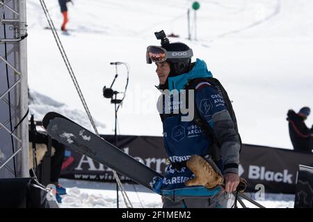 ARINSAL, ANDORRA - Feb 28, 2021: Ordino Arcalis, Andorra: 2021 February 24: Skiers in action at the Freeride World Tour 2021 Step 2 at Ordino Alcalis Stock Photo