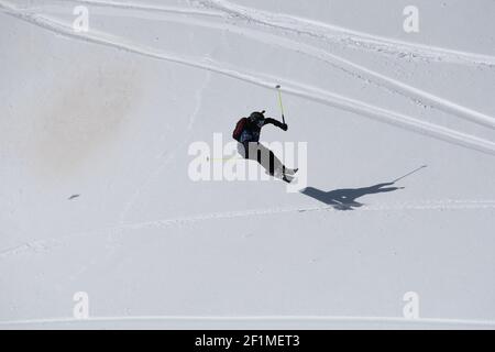 ARINSAL, ANDORRA - Feb 28, 2021: Ordino Arcalis, Andorra: 2021 February 24: Skiers in action at the Freeride World Tour 2021 Step 2 at Ordino Alcalis Stock Photo