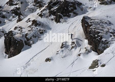 ARINSAL, ANDORRA - Feb 28, 2021: Ordino Arcalis, Andorra: 2021 February 24: Skiers in action at the Freeride World Tour 2021 Step 2 at Ordino Alcalis Stock Photo