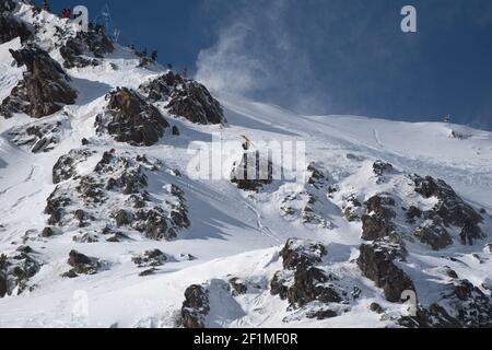 ARINSAL, ANDORRA - Feb 28, 2021: Ordino Arcalis, Andorra: 2021 February 24: Skiers in action at the Freeride World Tour 2021 Step 2 at Ordino Alcalis Stock Photo