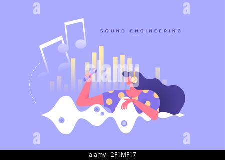 Sound engineering illustration of professional woman engineer working in studio with audio volume levels. Flat cartoon character for music industry or Stock Vector