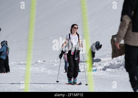 ARINSAL, ANDORRA - Feb 28, 2021: Ordino Arcalis, Andorra: 2021 February 24: Young Woman at Ordino Alcalis in Andorra in the winter of 2021. Stock Photo