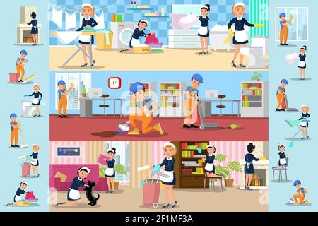 Cleaning company brochures with professional workers doing household duties at office bathroom and living room vector illustration Stock Vector