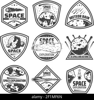 Vintage monochrome comets labels set with inscriptions falling meteors asteroids and meteorites isolated vector illustration Stock Vector