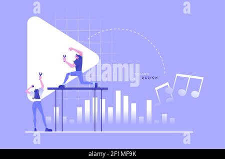 Sound design illustration of professional designer people working in studio with audio control icons. Flat cartoon character for music industry or tec Stock Vector