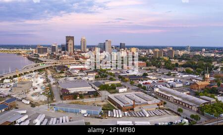 Aerial Perspective over Downtown Louisville Kentucky on the Ohio River Stock Photo