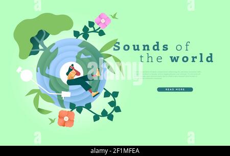 Sounds of the world web template illustration, diverse international music culture concept for online landing page background. Woman listening to head Stock Vector