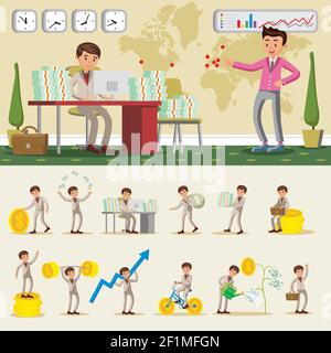 Colorful business investment composition with successful rich businessman in different situations isolated vector illustration Stock Vector