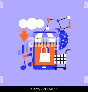Phone store app colorful illustration of smartphone application icons on isolated background. Web mobile data, cloud storage or online shop concept in Stock Vector