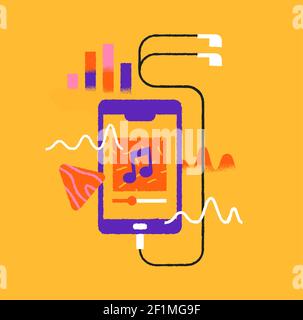 Phone music app cartoon illustration on isolated background. Musical player smartphone interface with headphones and audio volume decoration. Stock Vector