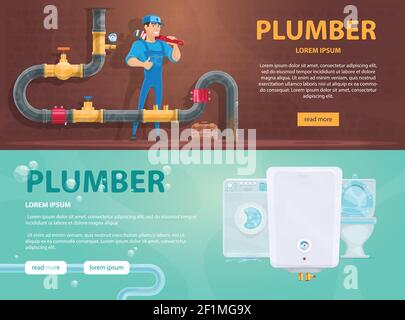 Colorful plumbing horizontal banners with plumber repairing clogging pipe washing machine water heater and toilet vector illustration Stock Vector